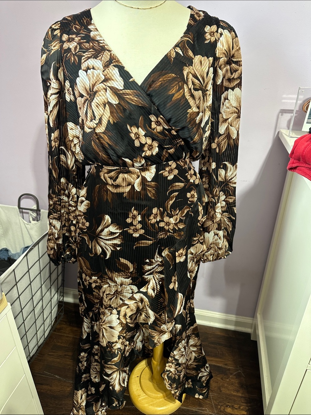 Express Black Floral Wrap Maxi Dress with Brown and Cream Blooms